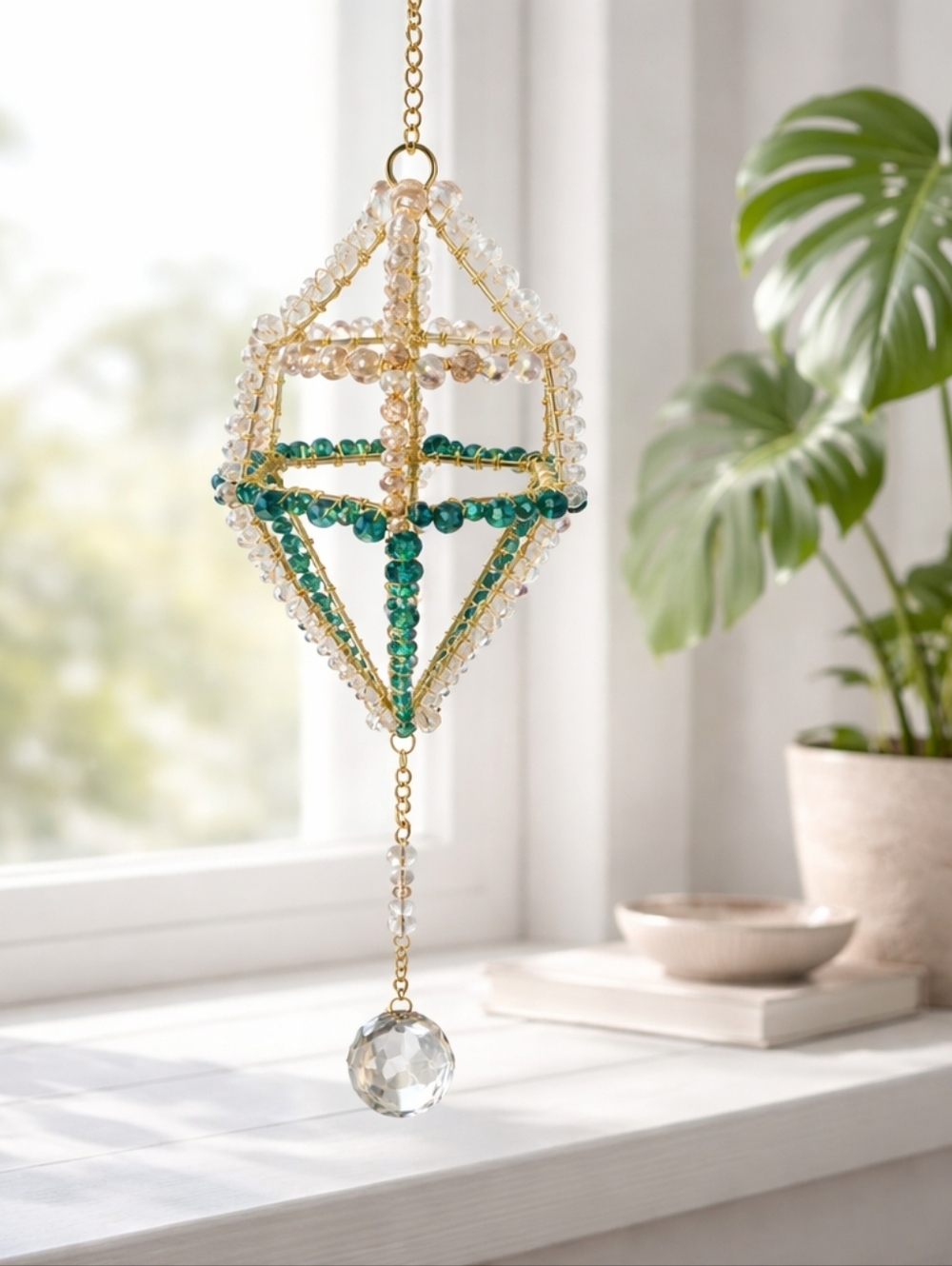 Gold Crystal and Emerald Drop Suncatcher - Green, Champagne, Clear Crystal Beads